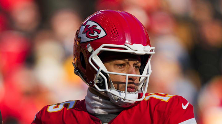 Dec 14, 2025; Kansas City, Missouri, USA; Kansas City Chiefs quarterback Patrick Mahomes (15) looks to pass against the Los Angeles Chargers during the second quarter at GEHA Field at Arrowhead Stadium. Mandatory Credit: Jay Biggerstaff-Imagn Images