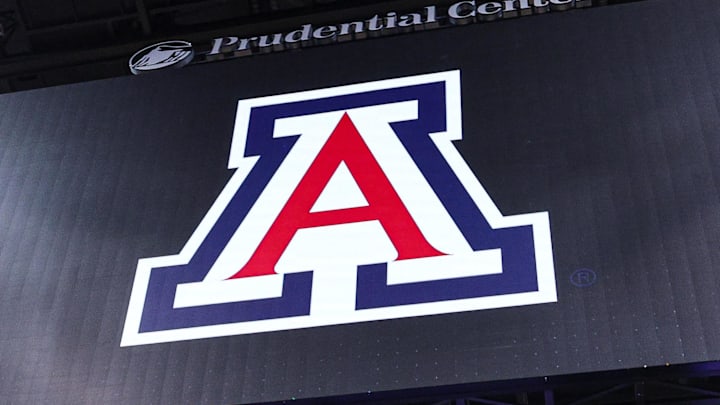 Mar 26, 2025; Newark, NJ, USA; An Arizona Wildcats logo on the main scoreboard during a practice session in preparation for an East Regional semifinal game against the Duke Blue Devils at Prudential Center. Mandatory Credit: Vincent Carchietta-Imagn Images