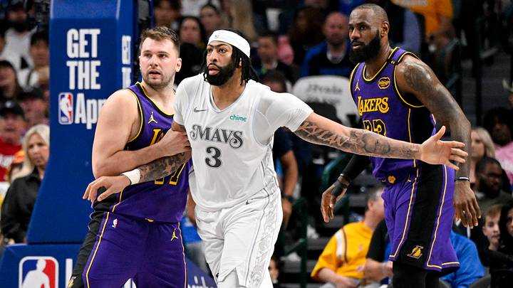 Apr 9, 2025; Dallas, Texas, USA; Los Angeles Lakers guard Luka Doncic (77) and forward LeBron James (23) and Dallas Mavericks forward Anthony Davis (3) in action during the game between the Dallas Mavericks and the Los Angeles Lakers at American Airlines Center. Mandatory Credit: Jerome Miron-Imagn Images Apr 9, 2025; Dallas, Texas, USA; Los Angeles Lakers guard Luka Doncic (77) and forward LeBron James (23) and Dallas Mavericks forward Anthony Davis (3) in action during the game between the Dallas Mavericks and the Los Angeles Lakers at American Airlines Center. Mandatory Credit: Jerome Miron-Imagn Images