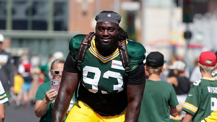 Green Bay Packers defensive tackle Nazir Stackhouse (93) participates in the DreamDrive bicycle ride during the sixth day of training camp on Aug. 4, 2026, outside Lambeau Field in Ashwaubenon, Wis.