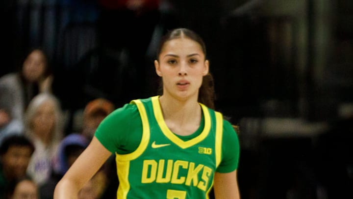 Oregon guard Katie Fiso moves the ball up the court as the Oregon Ducks face the Washington Huskies on Feb. 15, 2026, at Alaska Airlines Arena in Seattle, Washington. Oregon guard Katie Fiso moves the ball up the court as the Oregon Ducks face the Washington Huskies on Feb. 15, 2026, at Alaska Airlines Arena in Seattle, Washington.