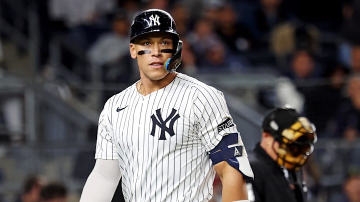 Oct 8, 2025; Bronx, New York, USA; New York Yankees right fielder Aaron Judge (99) reacts to striking during the eighth inning against the Toronto Blue Jays during game four of the ALDS round for the 2025 MLB playoffs at Yankee Stadium. Mandatory Credit: Brad Penner-Imagn Images