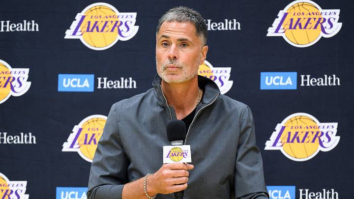 Sep 25, 2025; El Segundo, CA, USA; Los Angeles Lakers general manager Rob Pelinka, left, speaks during a press conference to preview the 2025-26 season at UCLA Health Training Center. Mandatory Credit: William Liang-Imagn Images Sep 25, 2025; El Segundo, CA, USA; Los Angeles Lakers general manager Rob Pelinka, left, speaks during a press conference to preview the 2025-26 season at UCLA Health Training Center. Mandatory Credit: William Liang-Imagn Images
