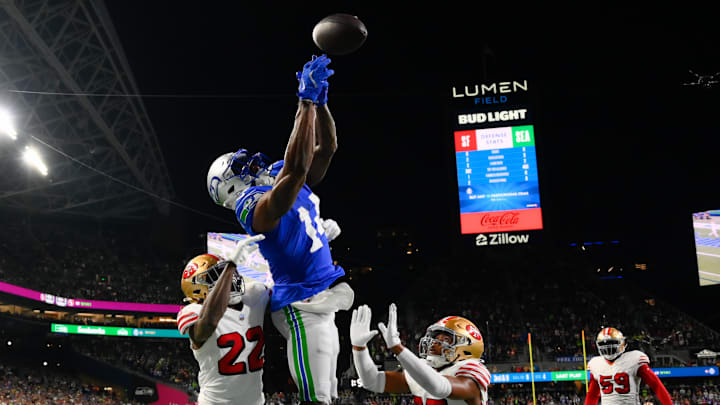 Oct 10, 2024; Seattle, Washington, USA; San Francisco 49ers cornerback Isaac Yiadom (22) and safety Ji'Ayir Brown (27) break up a touchdown pass intended for Seattle Seahawks wide receiver DK Metcalf (14) during the second half at Lumen Field. Oct 10, 2024; Seattle, Washington, USA; San Francisco 49ers cornerback Isaac Yiadom (22) and safety Ji'Ayir Brown (27) break up a touchdown pass intended for Seattle Seahawks wide receiver DK Metcalf (14) during the second half at Lumen Field.