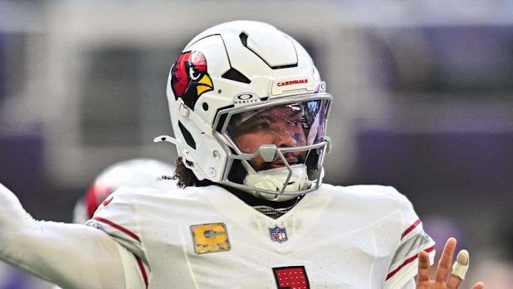Dec 1, 2024; Minneapolis, Minnesota, USA; Arizona Cardinals quarterback Kyler Murray (1) throws a pass against the Minnesota Vikings during the second quarter at U.S. Bank Stadium. Mandatory Credit: Jeffrey Becker-Imagn Images Dec 1, 2024; Minneapolis, Minnesota, USA; Arizona Cardinals quarterback Kyler Murray (1) throws a pass against the Minnesota Vikings during the second quarter at U.S. Bank Stadium. Mandatory Credit: Jeffrey Becker-Imagn Images