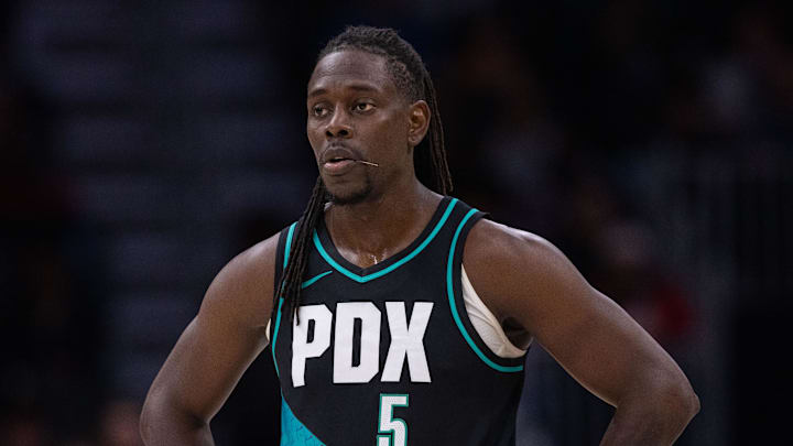 Feb 28, 2026; Charlotte, North Carolina, USA; Portland Trail Blazers guard Jrue Holiday (5) looks on during the second half against the Charlotte Hornets at Spectrum Center. Mandatory Credit: Scott Kinser-Imagn Images