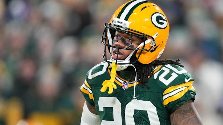 Dec 27, 2025; Green Bay, Wisconsin, USA; Green Bay Packers safety Javon Bullard (20) looks on during the fourth quarter against the Green Bay Packers at Lambeau Field. Dec 27, 2025; Green Bay, Wisconsin, USA; Green Bay Packers safety Javon Bullard (20) looks on during the fourth quarter against the Green Bay Packers at Lambeau Field.