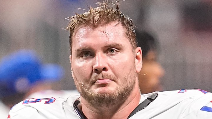 Oct 13, 2025; Atlanta, Georgia, USA; Buffalo Bills guard David Edwards (76) on the field against the Atlanta Falcons at Mercedes-Benz Stadium. Mandatory Credit: Dale Zanine-Imagn Images