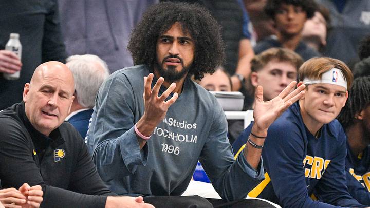 Oct 29, 2025; Dallas, Texas, USA; Indiana Pacers forward Obi Toppin (1) reacts to a call from the team bench during the first quarter against the Dallas Mavericks at the American Airlines Center. Mandatory Credit: Jerome Miron-Imagn Images