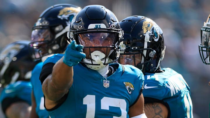 Jacksonville Jaguars wide receiver Christian Kirk (13) signals a first down pickup during the third quarter of an NFL football matchup Sunday, Oct. 27, 2024 at EverBank Stadium in Jacksonville, Fla. The Packers edged the Jaguars 30-27 on a last-second field goal. [Corey Perrine/Florida Times-Union]