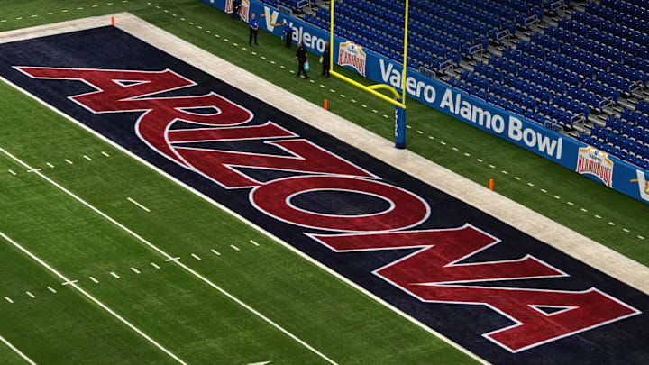 Dec 28, 2023; San Antonio, TX, USA; The Arizona Wildcats logo in the end zone at Alamodome