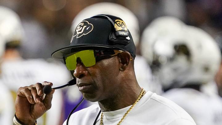 Colorado Buffaloes head coach Deion Sanders on the sidelines during the first half against the TCU Horned Frogs at Amon G. Carter Stadium.