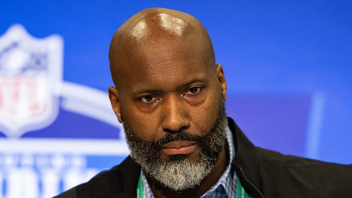 Detroit Lions General Manager  Brad Holmes talks to the media at the 2024 NFL Combine at Indiana Convention Center