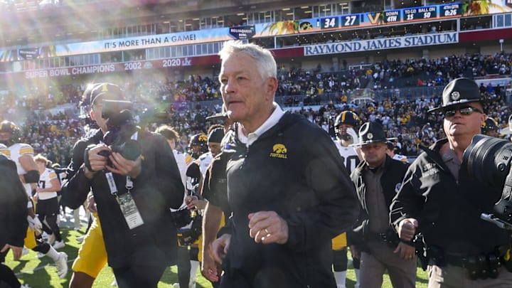 Dec 31, 2025; Tampa, FL, USA; Iowa Hawkeyes head coach Kirk Ferentz reacts after beating the Vanderbilt Commodores in the ReliaQuest Bowl at Raymond James Stadium. Mandatory Credit: Nathan Ray Seebeck-Imagn Images