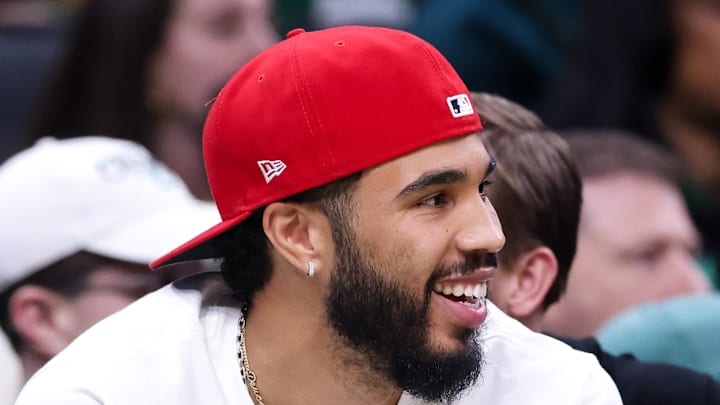 Oct 15, 2025; Boston, Massachusetts, USA; Boston Celtics forward Jayson Tatum (0) reacts during the first half against the Toronto Raptors at TD Garden. Mandatory Credit: Paul Rutherford-Imagn Images