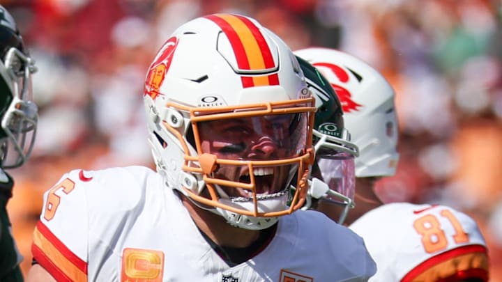Sep 21, 2025; Tampa, Florida, USA; Tampa Bay Buccaneers quarterback Baker Mayfield (6) reacts after a ply against the New York Jets in the fourth quarter at Raymond James Stadium. Mandatory Credit: Nathan Ray Seebeck-Imagn Images
