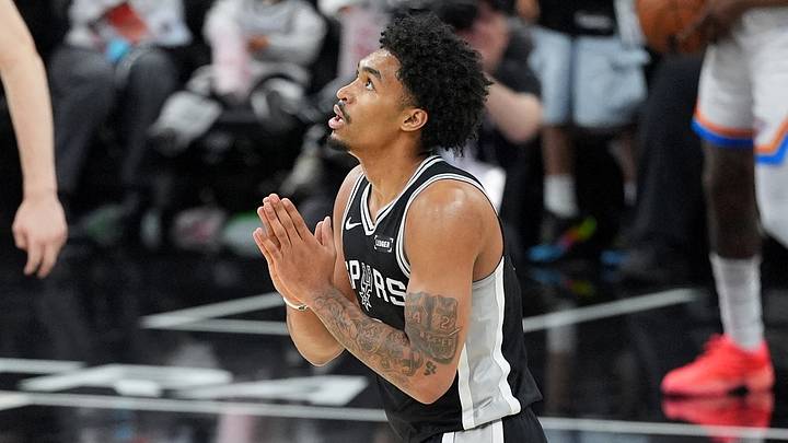 May 28, 2026; San Antonio, Texas, USA; San Antonio Spurs guard Dylan Harper (2) reacts against the Oklahoma City Thunder in the first half during game six of the western conference finals for the 2026 NBA playoffs at Frost Bank Center. Mandatory Credit: Daniel Dunn-Imagn Images