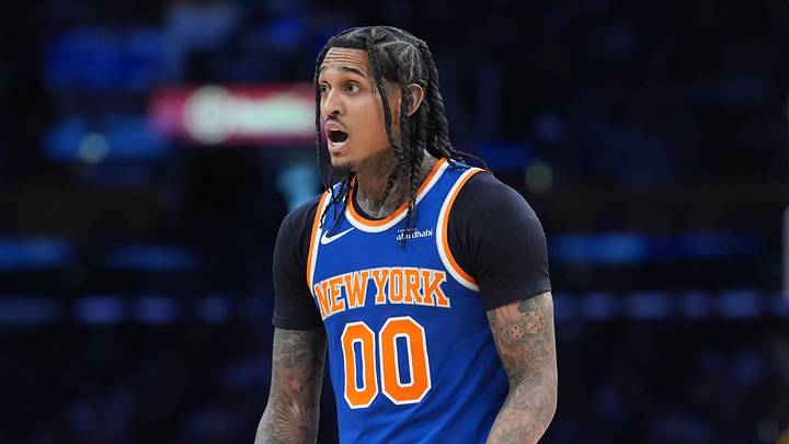 Mar 8, 2026; Los Angeles, California, USA; New York Knicks guard Jordan Clarkson (00) reacts against the Los Angeles Lakers in the second half at Crypto.com Arena. Mandatory Credit: Kirby Lee-Imagn Images Mar 8, 2026; Los Angeles, California, USA; New York Knicks guard Jordan Clarkson (00) reacts against the Los Angeles Lakers in the second half at Crypto.com Arena. Mandatory Credit: Kirby Lee-Imagn Images
