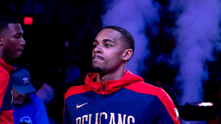 Dejounte Murray is announced to the crowd against the Utah Jazz  during the first half at Smoothie King Center