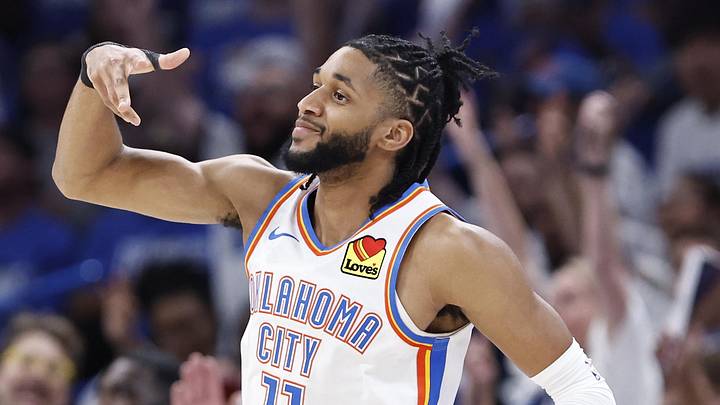 May 7, 2024; Oklahoma City, Oklahoma, USA; Oklahoma City Thunder guard Isaiah Joe (11) reacts after scoring a three-point basket against the Dallas Mavericks during the second half of game one of the second round for the 2024 NBA playoffs at Paycom Center. Mandatory Credit: Alonzo Adams-Imagn Images