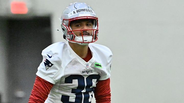  New England Patriots place kicker Andres Borregales (36) practices during rookie camp at Gillette Stadium.