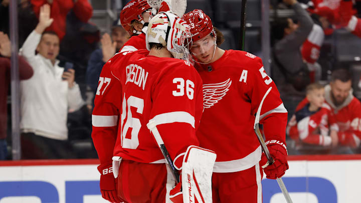 Dec 16, 2025; Detroit, Michigan, USA; Detroit Red Wings right wing Alex Debrincat (93) celebrates after scoring in the third period against the New York Islanders at Little Caesars Arena. Mandatory Credit: Rick Osentoski-Imagn Images Dec 16, 2025; Detroit, Michigan, USA; Detroit Red Wings right wing Alex Debrincat (93) celebrates after scoring in the third period against the New York Islanders at Little Caesars Arena. Mandatory Credit: Rick Osentoski-Imagn Images