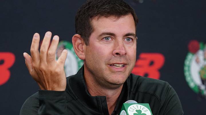 Sep 29, 2025; Boston, MA, USA; Boston Celtics president of basketball operations Brad Stevens talks to reporters during media day at the Auerbach Center. Mandatory Credit: David Butler II-Imagn Images