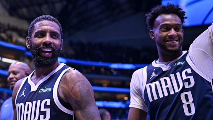 Feb 12, 2025; Dallas, Texas, USA; Dallas Mavericks guard Kyrie Irving (11) and forward Olivier-Maxence Prosper (8) after the game between the Dallas Mavericks and the Golden State Warriors at the American Airlines Center. Mandatory Credit: Jerome Miron-Imagn Images Feb 12, 2025; Dallas, Texas, USA; Dallas Mavericks guard Kyrie Irving (11) and forward Olivier-Maxence Prosper (8) after the game between the Dallas Mavericks and the Golden State Warriors at the American Airlines Center. Mandatory Credit: Jerome Miron-Imagn Images
