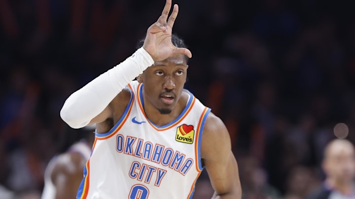 Mar 3, 2025; Oklahoma City, Oklahoma, USA; Oklahoma City Thunder forward Jalen Williams (8) gestures after scoring against the Houston Rockets during the second half at Paycom Center. Mandatory Credit: Alonzo Adams-Imagn Images Mar 3, 2025; Oklahoma City, Oklahoma, USA; Oklahoma City Thunder forward Jalen Williams (8) gestures after scoring against the Houston Rockets during the second half at Paycom Center. Mandatory Credit: Alonzo Adams-Imagn Images