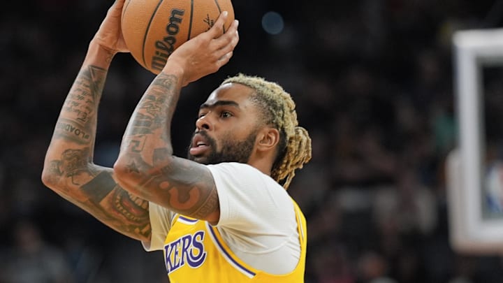 Nov 27, 2024; San Antonio, Texas, USA;  Los Angeles Lakers guard D'Angelo Russell (1) shoots the ball in the second half against the San Antonio Spurs at Frost Bank Center. Mandatory Credit: Daniel Dunn-Imagn Images