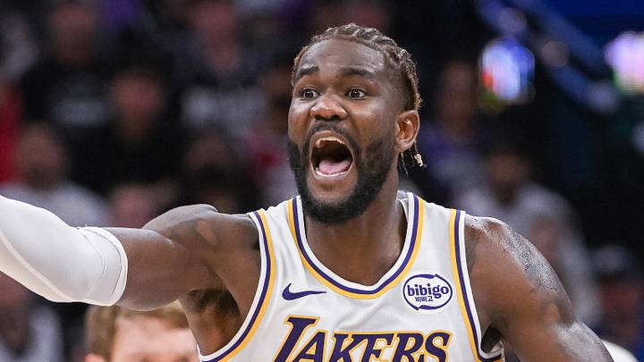 Oct 26, 2025; Sacramento, California, USA; Los Angeles Lakers center Deandre Ayton (5) reacts to a call during the fourth quarter of the game against the Sacramento Kings at Golden 1 Center. Mandatory Credit: Ed Szczepanski-Imagn Images