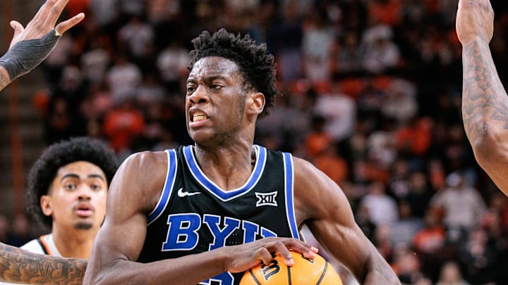 Feb 4, 2026; Stillwater, Oklahoma, USA; BYU Cougars forward AJ Dybantsa (3) drives during the second half against the Oklahoma State Cowboys at Gallagher-Iba Arena. Mandatory Credit: William Purnell-Imagn Images