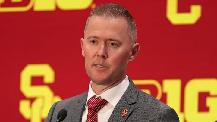 Jul 24, 2025; Las Vegas, NV, USA; USC head coach Lincoln Riley speaks to the media during the Big Ten NCAA college football media days at Mandalay Bay Resort. Mandatory Credit: Lucas Peltier-Imagn Images