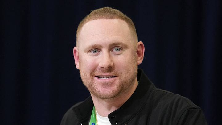 Feb 24, 2026; Indianapolis, IN, USA; Buffalo Bills coach Joe Brady speaks at the NFL Scouting Combine at the Indiana Convention Center. Mandatory Credit: Kirby Lee-Imagn Images