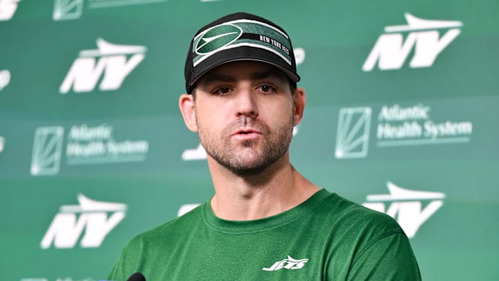 Jun 11, 2025; Florham Park, NY, USA; New York Jets offensive coordinator Tanner Engstrand speaks at a press conference during minicamp at Atlantic Health Jets Training Center. Mandatory Credit: John Jones-Imagn Images