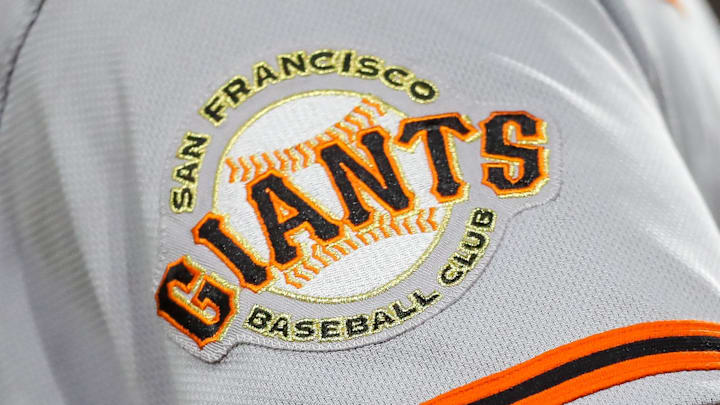 The San Francisco Giants logo on the sleeve of a player's jersey.