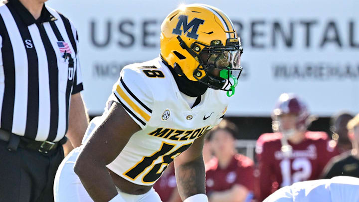 Oct 12, 2024; Amherst, Massachusetts, USA; Missouri Tigers linebacker Jeremiah Beasley (18) lines up against the Massachusetts Minutemen during the second half at Warren McGuirk Alumni Stadium. Mandatory Credit: Eric Canha-Imagn Images