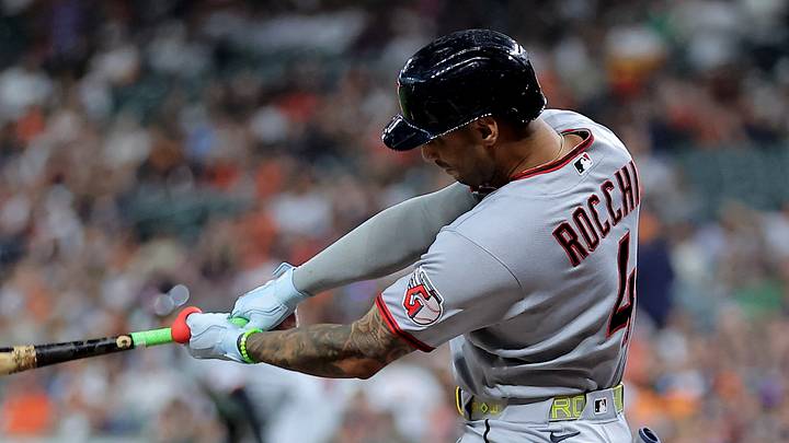 Jun 19, 2026; Houston, Texas, USA; Cleveland Guardians shortstop Brayan Rocchio (4) hits a single against the Houston Astros during the first inning at Daikin Park. Mandatory Credit: Erik Williams-Imagn Images Jun 19, 2026; Houston, Texas, USA; Cleveland Guardians shortstop Brayan Rocchio (4) hits a single against the Houston Astros during the first inning at Daikin Park. Mandatory Credit: Erik Williams-Imagn Images