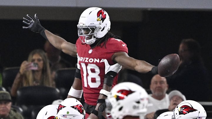 Nov 3, 2025; Arlington, Texas, USA; Arizona Cardinals wide receiver Marvin Harrison Jr. (18) celebrates with teammates after scoring a touchdown against the Dallas Cowboys in the first half at AT&T Stadium. Mandatory Credit: Jerome Miron-Imagn Images