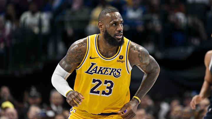Dec 12, 2023; Dallas, Texas, USA; Los Angeles Lakers forward LeBron James (23) in action during the game between the Dallas Mavericks and the Los Angeles Lakers at the American Airlines Center. Mandatory Credit: Jerome Miron-Imagn Images