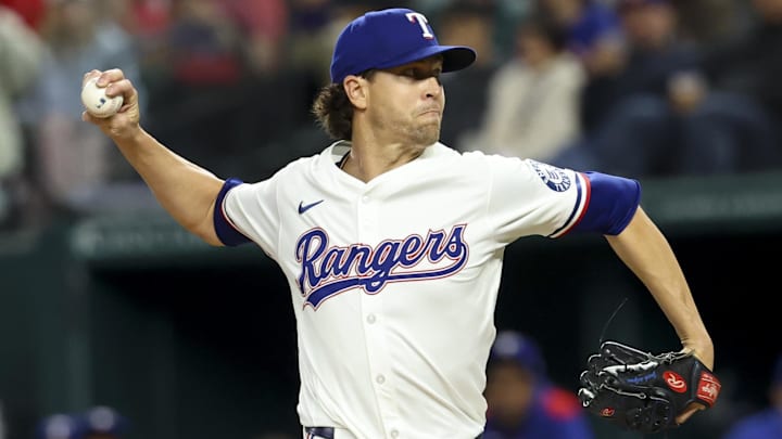 Apr 5, 2025; Arlington, Texas, USA; Texas Rangers starting pitcher Jacob deGrom (48) throws during the first inning against the Tampa Bay Rays at Globe Life Field.