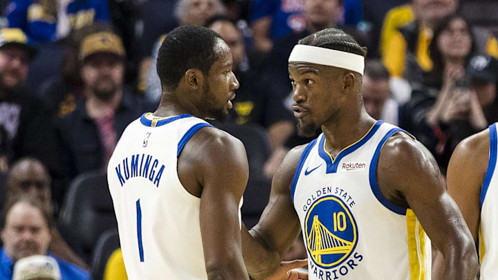 Oct 8, 2025; San Francisco, California, USA;  Golden State Warriors forward Jimmy Butler III (10) reacts  towards forward Jonathan Kuminga (1) during the second quarter against the Portland Trail Blazers at Chase Center. Mandatory Credit: John Hefti-Imagn Images