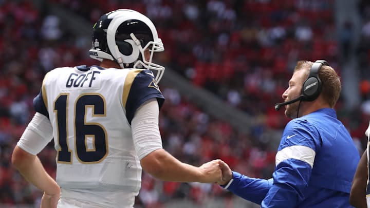 Oct 20, 2019; Atlanta, GA, USA; Los Angeles Rams quarterback Jared Goff (16) celebrates his touchdown run with head coach Sean McVay in the third quarter against the Atlanta Falcons at Mercedes-Benz Stadium. Mandatory Credit: Jason Getz-Imagn Images Oct 20, 2019; Atlanta, GA, USA; Los Angeles Rams quarterback Jared Goff (16) celebrates his touchdown run with head coach Sean McVay in the third quarter against the Atlanta Falcons at Mercedes-Benz Stadium. Mandatory Credit: Jason Getz-Imagn Images