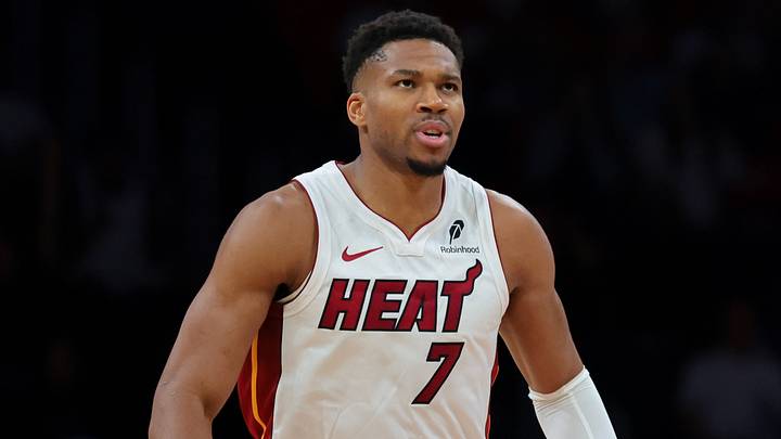 Miami Heat forward Giannis Antetokounmpo (7) reacts  (Mandatory Credit: Sam Navarro-Imagn Images)