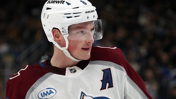 Dec 10, 2024; Pittsburgh, Pennsylvania, USA;  Colorado Avalanche defenseman Cale Makar (8) looks on against the Pittsburgh Penguins during the second period at PPG Paints Arena. Mandatory Credit: Charles LeClaire-Imagn Images