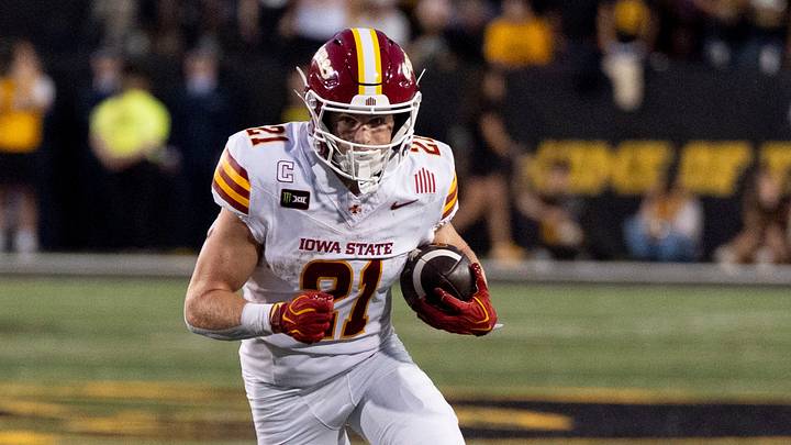 Iowa State running back Aiden Flora (21) carries the ball during the Cy-Hawk football game Sept. 12, 2026 at Kinnick Stadium in Iowa City, Iowa.