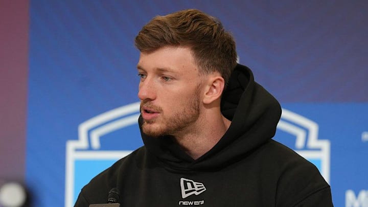 Dillon Thieneman meets with the media at the 2026 NFL Combine.