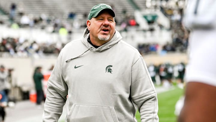 Michigan State offensive line coach Jim Michalczik works with players during the Spring Showcase on Saturday, April 20, 2024, at Spartan Stadium in East Lansing.
