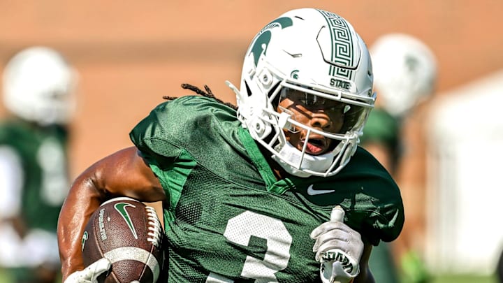 Michigan State's Rodney Bullard Jr. runs with the ball during football practice on Monday, Aug. 11, 2025, in East Lansing.