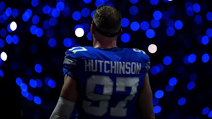 Sep 8, 2024; Detroit, Michigan, USA; Detroit Lions defensive end Aidan Hutchinson (97) is framed by the light show in the stands during a time out in the action against the Los Angeles Rams in the fourth quarter at Ford Field.